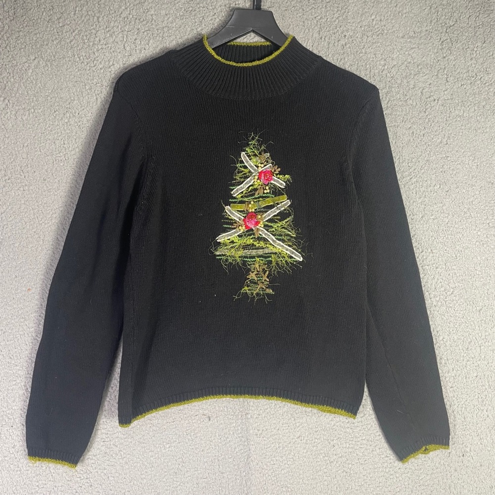 Vintage Talbots Women's Black Christmas L Tree Sweater Lime Trim Holiday Knit - Picture 6 of 10